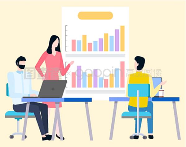 男女經紀人分析交易并討論商業圖表上的銷售統計數據。矢量卡通人物和圖表。